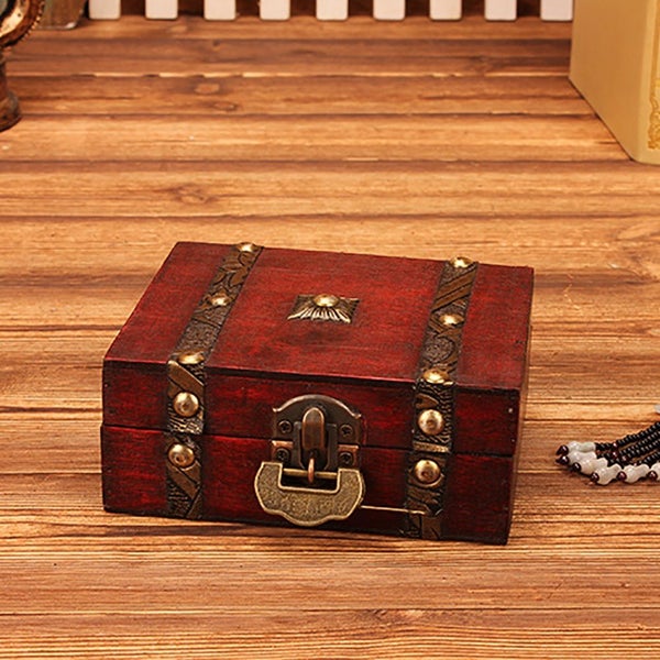Small Size Vintage Wood Lock Jewelry Storage Box Decorative Treasure Box Carousel 8