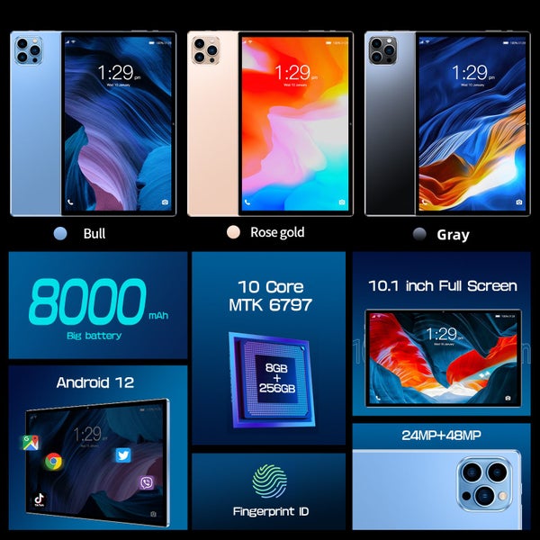 Android 13 Tablet 10.1 Inch 8+256GB IPS HD Screen Bluetooth 24+48MP Dual Camera Carousel 2