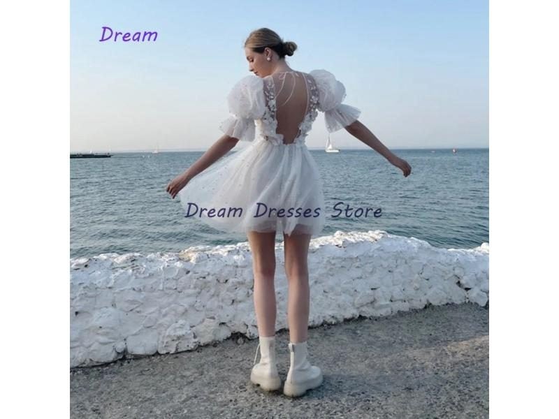 Short Cocktail Dresses White Beading 3D Flower Mini Prom Dress Carousel 1