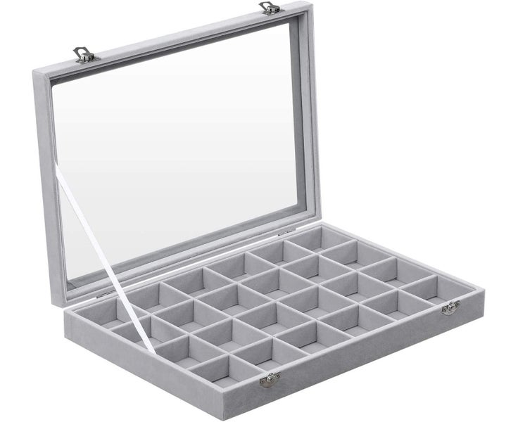 Jewelry Box Display Case with A Clear Glass Window and 24 Compartments, Gray Carousel 1