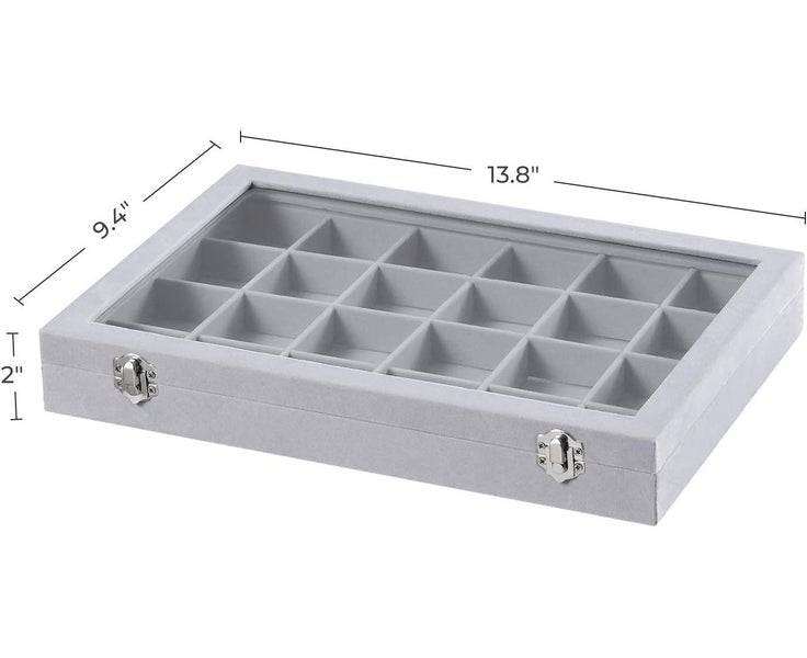 Jewelry Box Display Case with A Clear Glass Window and 24 Compartments, Gray Carousel 7