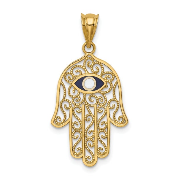 14K Yellow Gold and Enamel Filigree Hamsa Pendant, 30mm Carousel 1