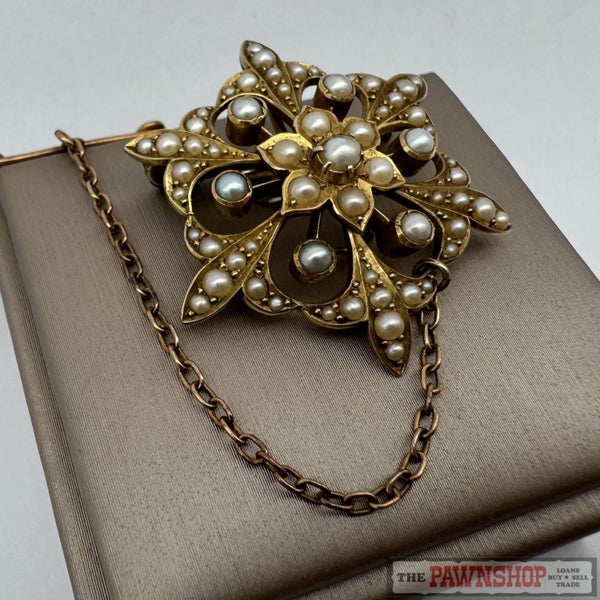 Vintage 15ct Yellow Gold Seed Pearl Brooch ~ $1,800! Carousel 2