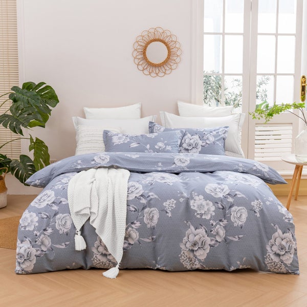 Dreamaker Blossom 100% Cotton Duvet Cover Set Silver King Single Carousel 1