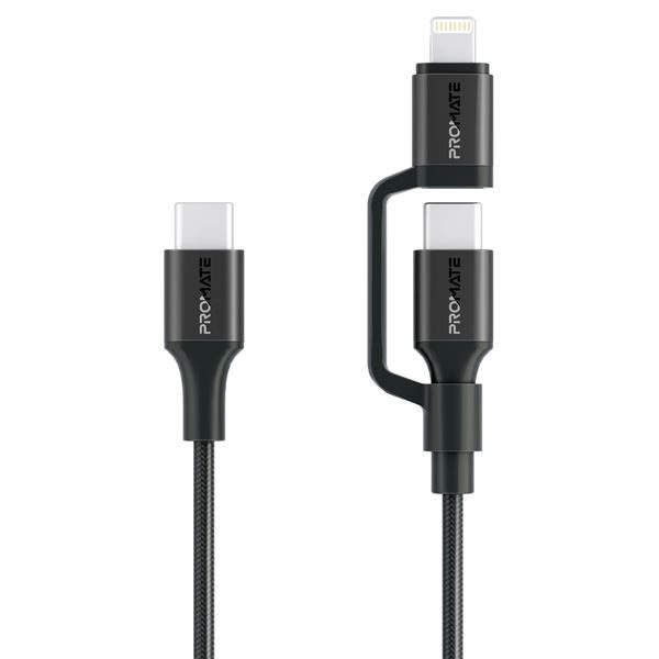 PROMATE 1.2m 60w MFi Certified 2-in-1 USB-C Sync & Charge Cable. Includes 1x USB Carousel 1