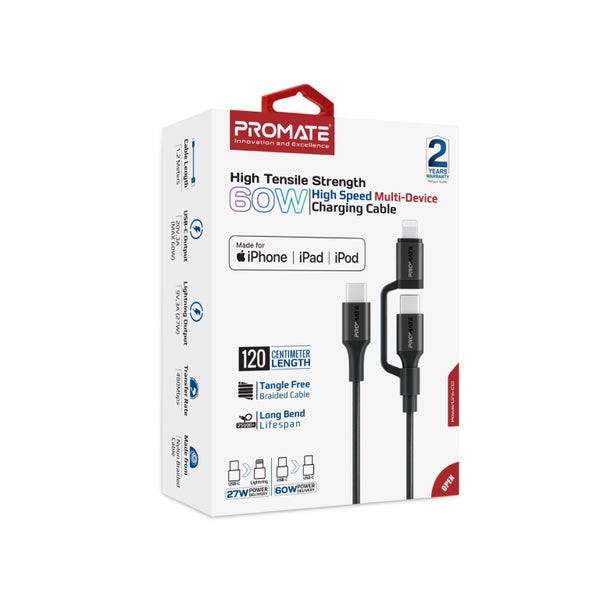 PROMATE 1.2m 60w MFi Certified 2-in-1 USB-C Sync & Charge Cable. Includes 1x USB Carousel 2