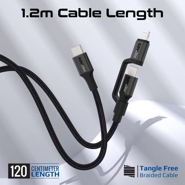 PROMATE 1.2m 60w MFi Certified 2-in-1 USB-C Sync & Charge Cable. Includes 1x USB Carousel 7