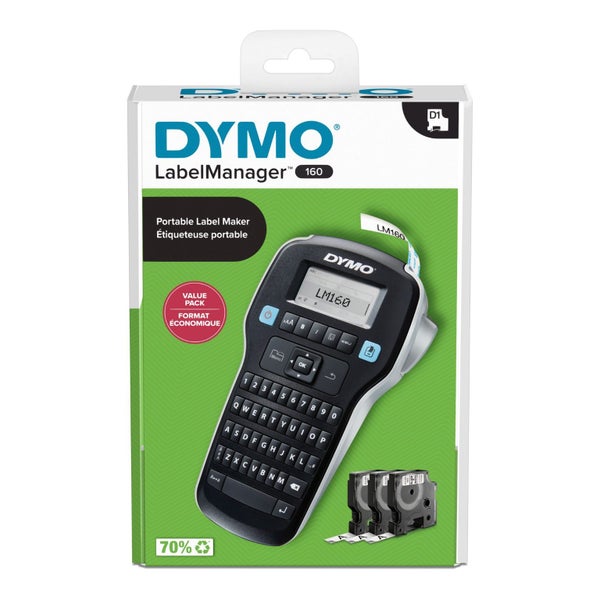 DYMO LabelManager 160p Portable Label Maker Value Pack. Includes 3x D1 Rolls of Carousel 2