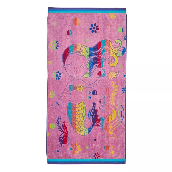 Renee Taylor Kids Junior Jacquard Velour Beach Towel-Mermaid Carousel 1