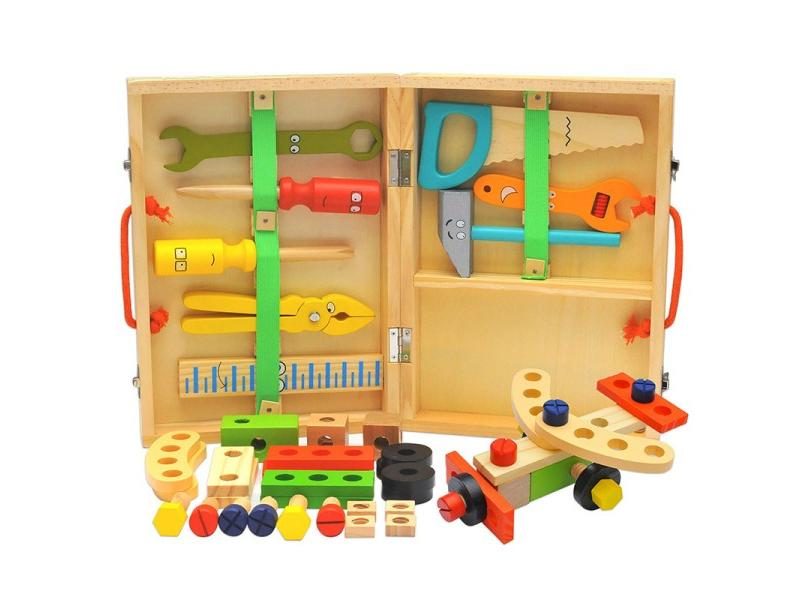 Kids Wooden Toolbox Pretend Play Set For Nut Screw Assembly Carousel 1
