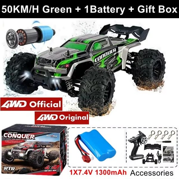 4WD 1:16 Brushless Brushed Car 4x4 Off Road Remote Control, 50KM Green 1Battery Carousel 2