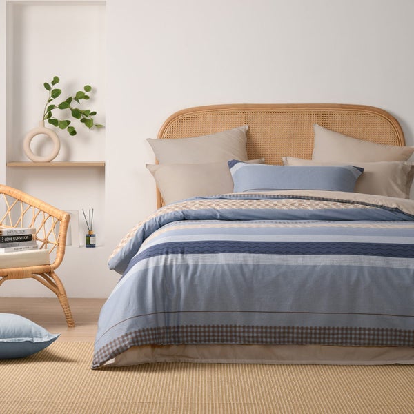 Dreamaker Kumiko 100% Cotton Reversible Duvet Cover Set Blue Single Bed Carousel 1