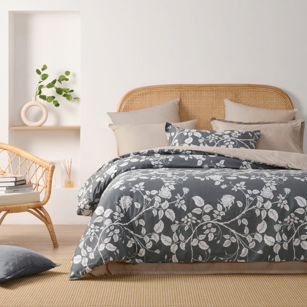 Dreamaker Felicity 100% Cotton Reversible Duvet Cover Set Charcoal Queen Bed Carousel 1