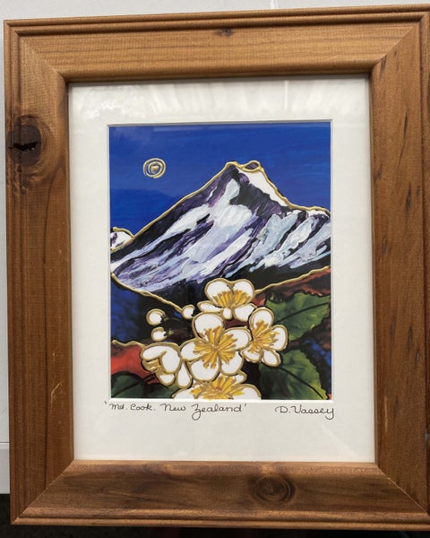 VINTAGE TRANQUIL SIGNED PRINT MOUNTED GLASS WOOD FRAME MT COOK NZ D. VASSEY Carousel 1