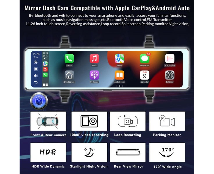 Mirror Dash Cam with Wireless Apple Carplay&Android Auto,11.26" Voice Carousel 2