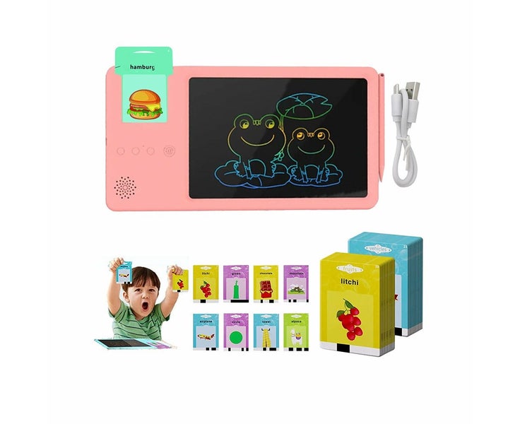 2-in-1 Kids Talking Flash Cards LCD Writing Tablet Learning Toys Pink Carousel 1