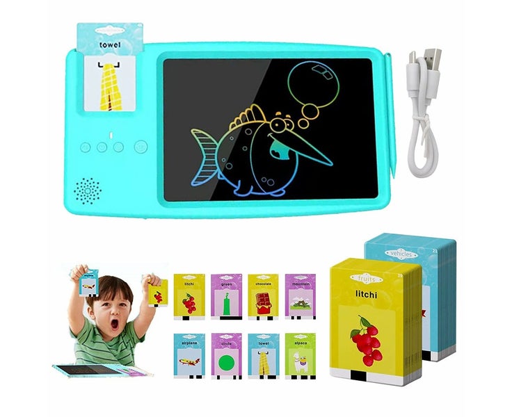 2-in-1 Kids Talking Flash Cards LCD Writing Tablet Learning Toys Blue Carousel 1