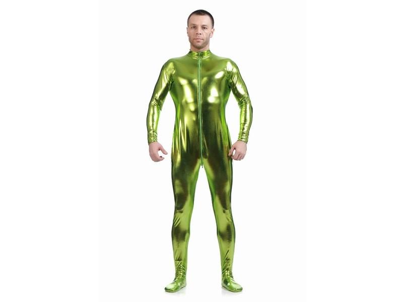 New Ensnovo Men Latex Suit Black Shiny Metallic Tights Gold Zentai Suit Full Carousel 1