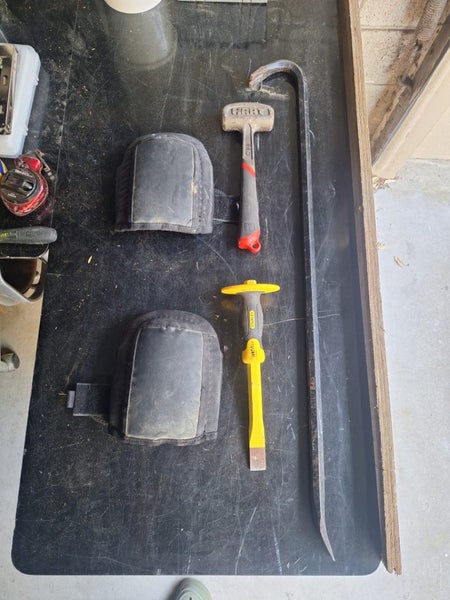 Demo tools. Crowbar, Club Hammer, Masonry Chisel, Kneepads Carousel 1