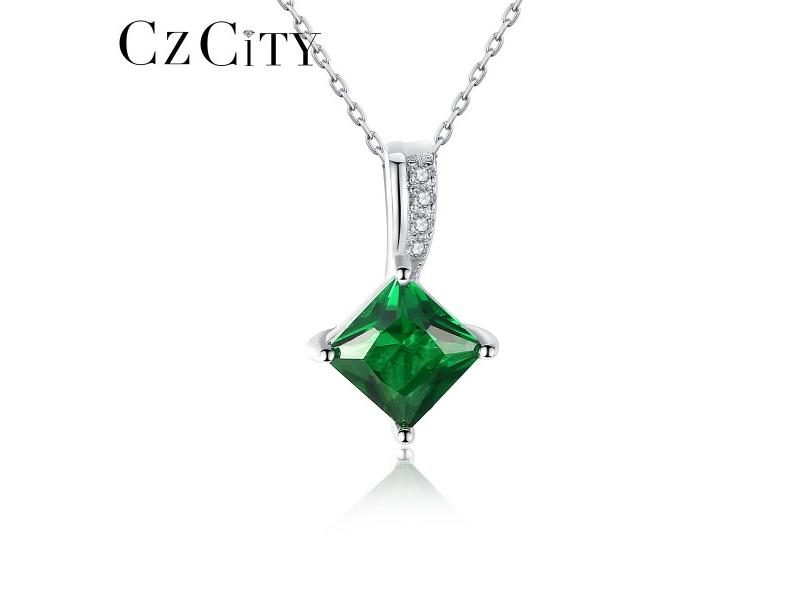 CZCITY Charm Square Emerald Green Gemstone 925 Sterling Silver Pendant Necklace Carousel 2