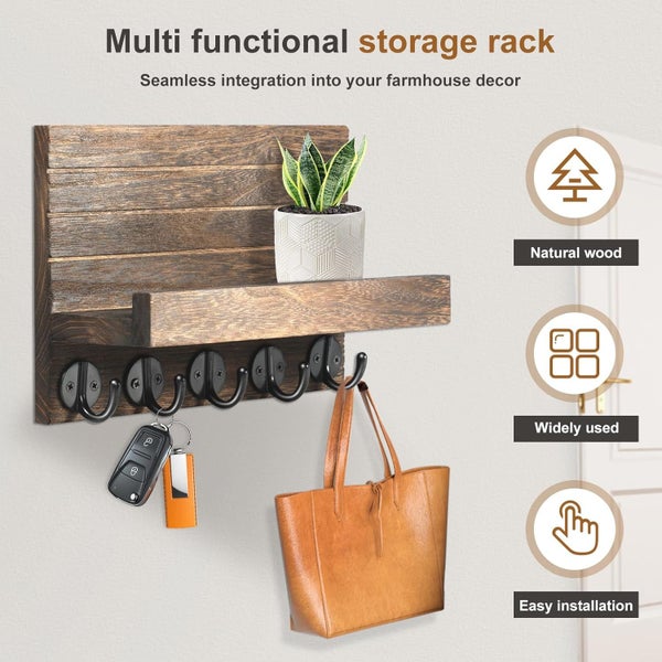 Key Holder for Wall with 5 Key Hooks Decorative Key and Mail Holder with Shelf Carousel 2