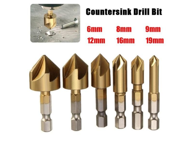 6pcs 5 Flutes HSS Countersink Chamfer Drill Bit 1/4" Hex Shank Ti Coated Carousel 1