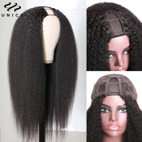 UNice Hair Kinky Straight V U Part Wig 100 Human Hair No Glue Minimal Leave Out Carousel 1