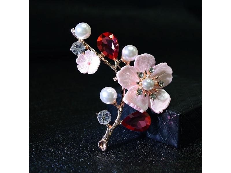 Shell And Pearl Flower Brooches For Women Red Crystal Brooch Wedding Jewelry Carousel 1
