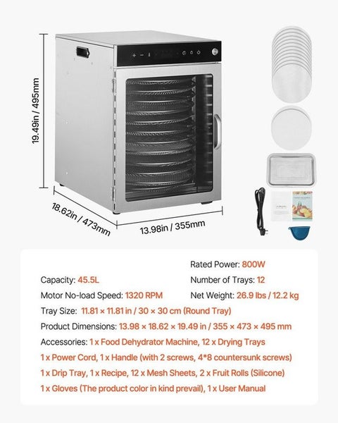 12 Trays Rotary Food Dehydrator Machine Stainless Steel 800W Fruit Drying Carousel 15