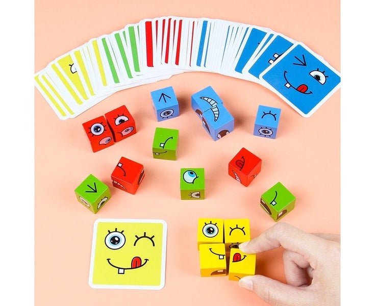 Wooden Expressions Matching Block Puzzles Building Cubes Toy Borad Games Ed Carousel 8