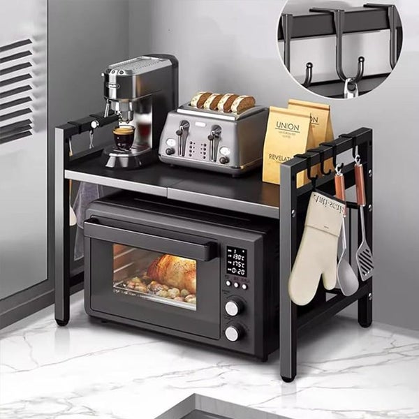 2-Tier Expandable Microwave Oven Rack Metal Stand Shelf with 6 Hooks Carousel 2