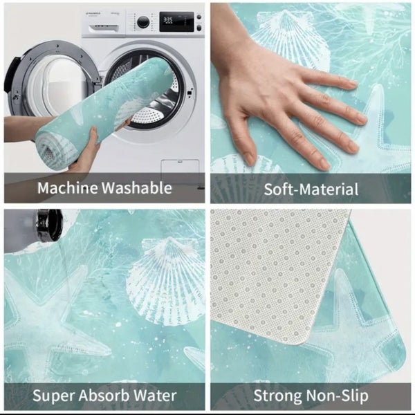 Coastal Starfish & Seashells Bath Mat - Polyester Non-Slip Machine Washable Carousel 2