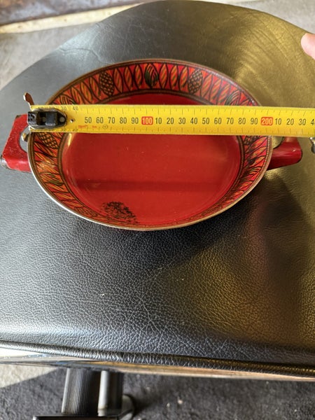 1960s Red Enamel Dinnerware: 4 Bowls, 1 Serving Bowl, Double Handled Sauté Pan Carousel 20