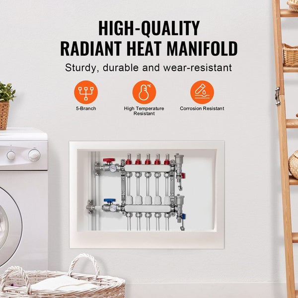 New 5-Branch Radiant Heat Manifold 1/2" PEX Tubing Floor Heating Manifold Set Carousel 2