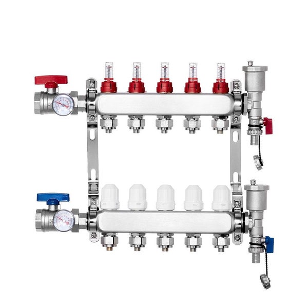 New 5-Branch Radiant Heat Manifold 1/2" PEX Tubing Floor Heating Manifold Set Carousel 12