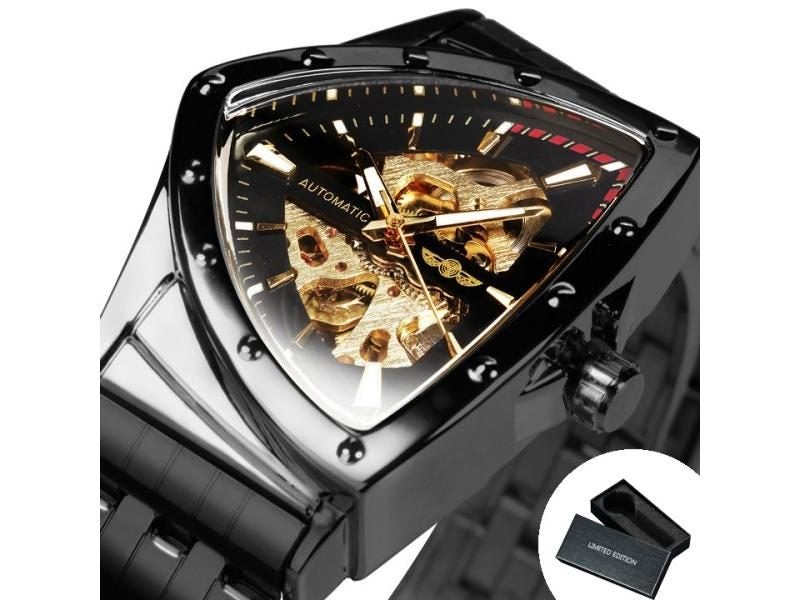 WINNER Triangle Skeleton Gold Black Watch For Men Automatic Mechanical Carousel 1