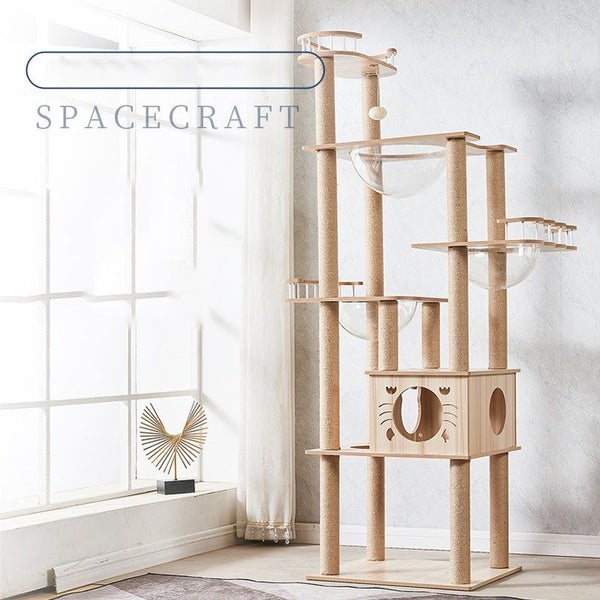 185cm Modern Multi-Level Large Real Solid Wood Cat Tree, Luxury Wooden Cat Tower Carousel 1