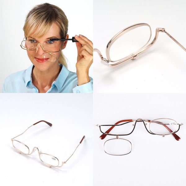 Magnifying Make Up Makeup Glasses Flip Down Lenses Gold Metal Frame +2.5-4.0 Carousel 2
