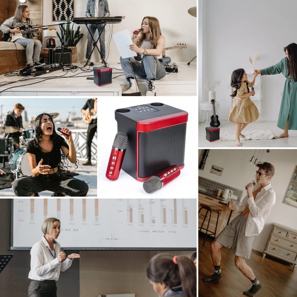 Mini Karaoke Machine Kids Portable Bluetooth Speaker TV 2 Wireless Microphones Carousel 15