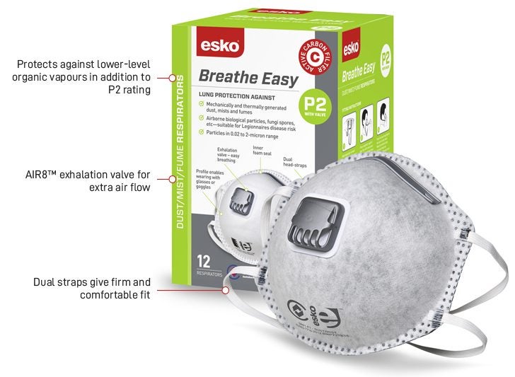 Esko BreatheEasy Dust Mask P2 Carbon w Valve - Box 12 Carousel 1