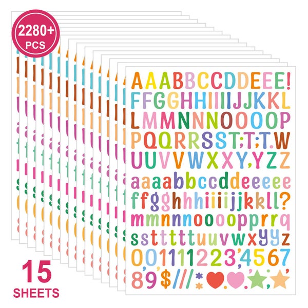 NEW 2280PCS 15 Sheets Colourful English Letters and Numbers Decorative Stickers Carousel 1