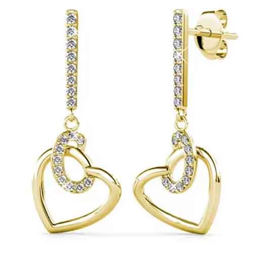 18K Gold Crystal Dangle Heart Earrings "Mira" Carousel 1