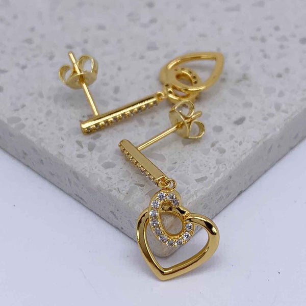 18K Gold Crystal Dangle Heart Earrings "Mira" Carousel 2