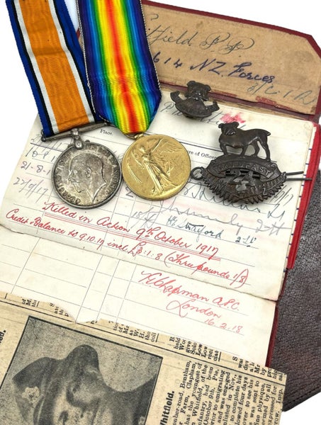 New Zealand WW1 Medal Group 44614 Pte P. P. Whitfield NZEF K.I.A with Papers. Carousel 1