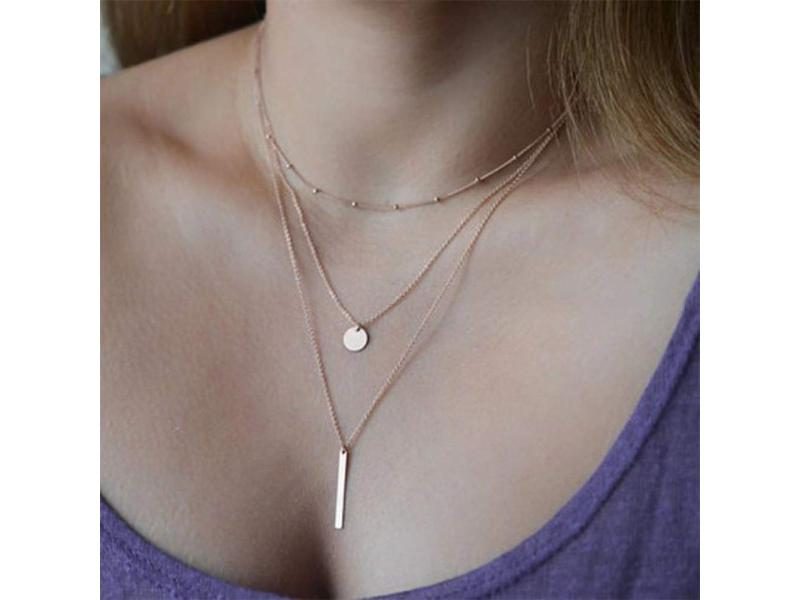 NEW 925 Sterling Silver Simple Three Layer Necklace Shiny Long Bar Pendant Carousel 2