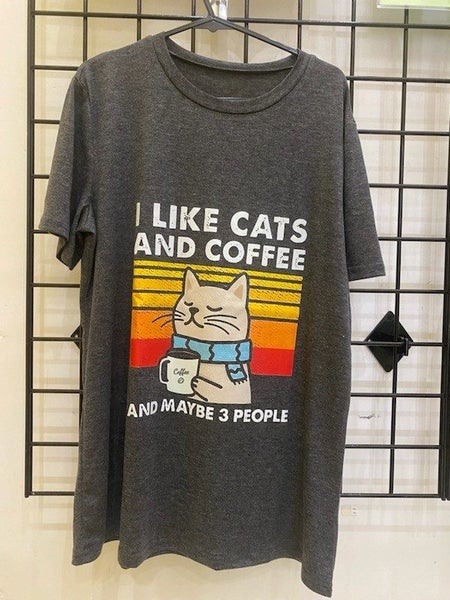 Funny Cat T-Shirt - I LIKE CATS AND COFFEE AND MAYBE 3 PEOPLE Carousel 1