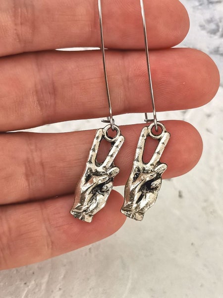 Funky Peace Sign Pendant Earrings - Stainless Steel Hooks Carousel 1