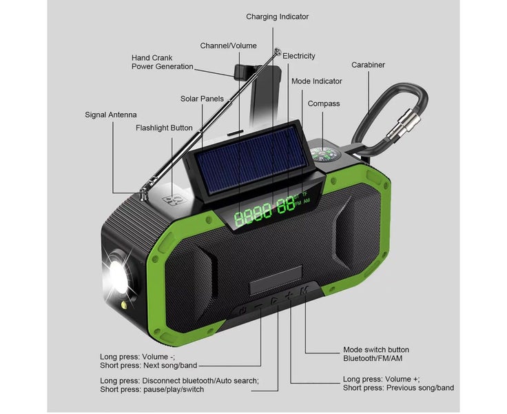 Solar Hand Crank Emergency Weather Radio, Portable Bluetooth AM/FM/NOAA We Carousel 10