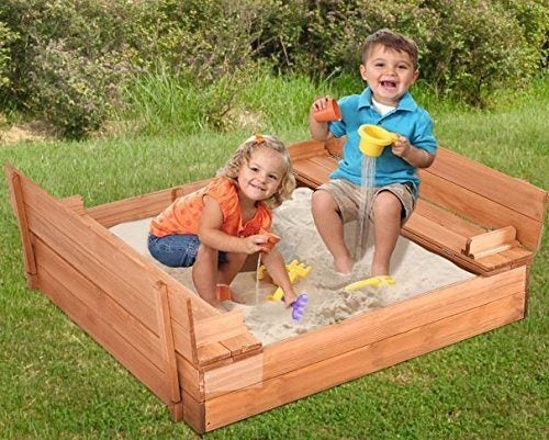 Wooden Kids Sandpit with Built-In Cover & Seating Carousel 1