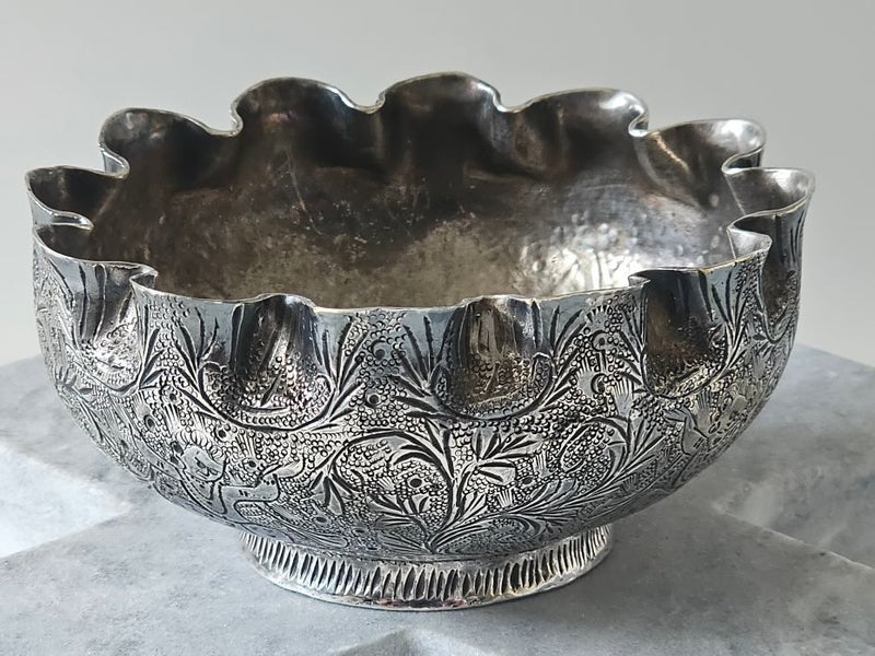 Antique Circa.1900's Indian, Tibetan, Middle Eastern Hand Chased Silver Bowl. Carousel 1